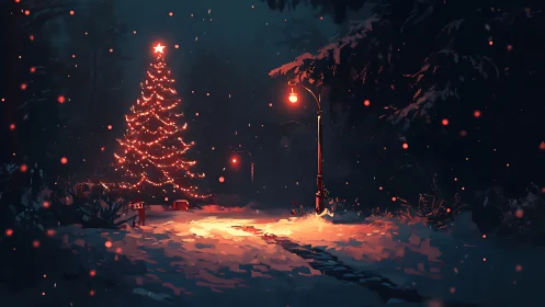 Snowy park Christmas tree glows under warm lamplight.