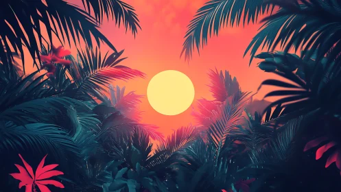 Neon jungle fronds cradle a molten sherbet sunset sun