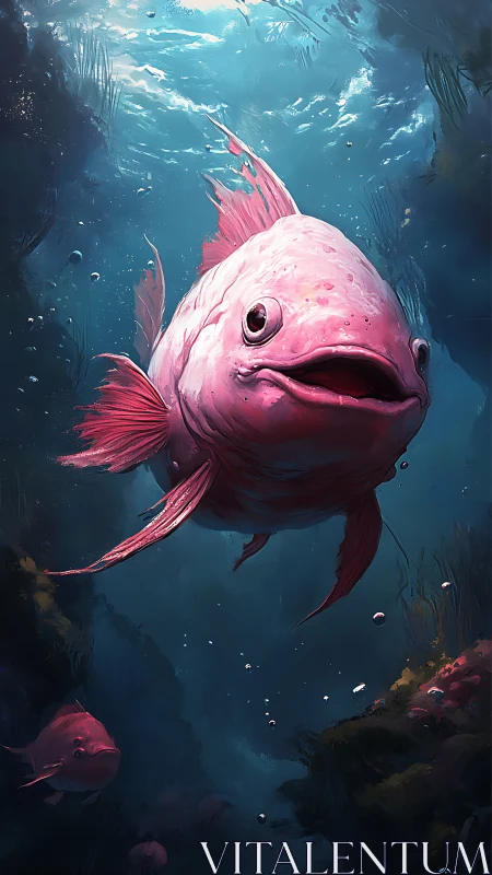 Pink reef fish portrait in deep teal underwater lighting.