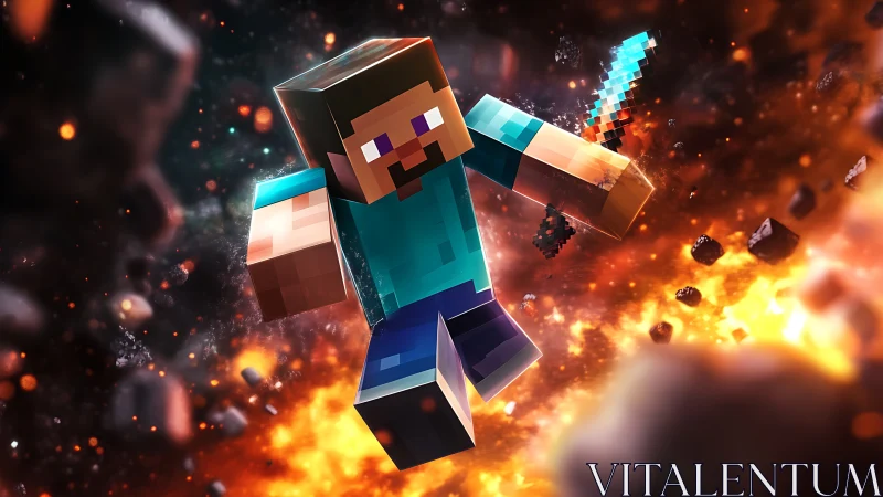 Voxel adventurer in explosive lava-field combat render.