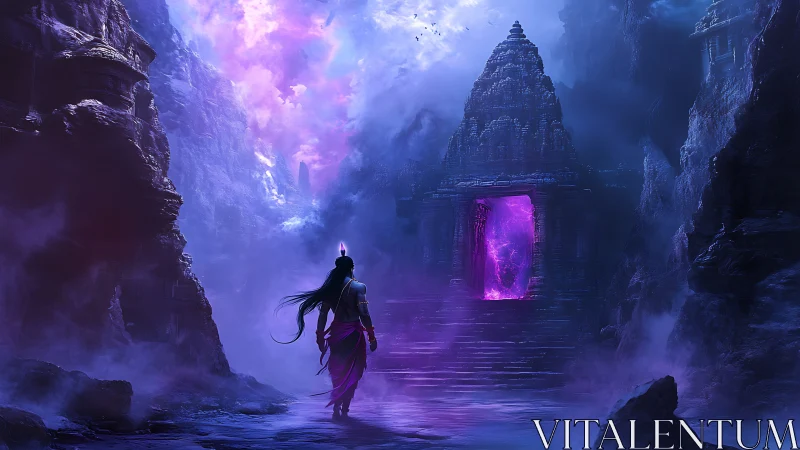 Solitary figure approaches luminous portal in rocky temple ravine