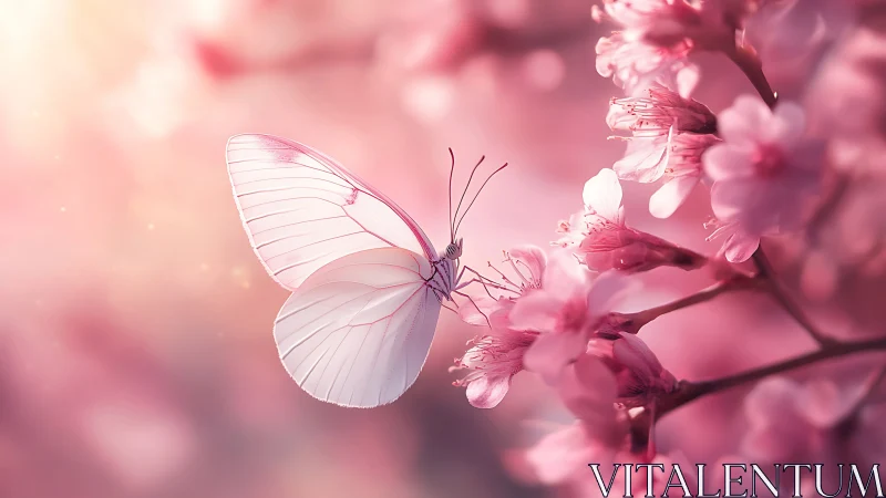Ethereal white butterfly poised on glowing pink blossoms.