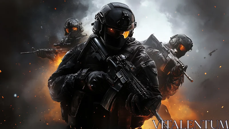 Tactical strike team in dynamic high-contrast battle scene.