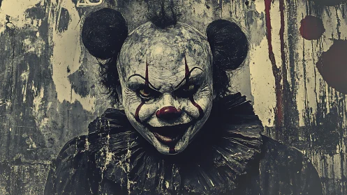 Creepy clown portrait against stained, decayed wall backdrop.