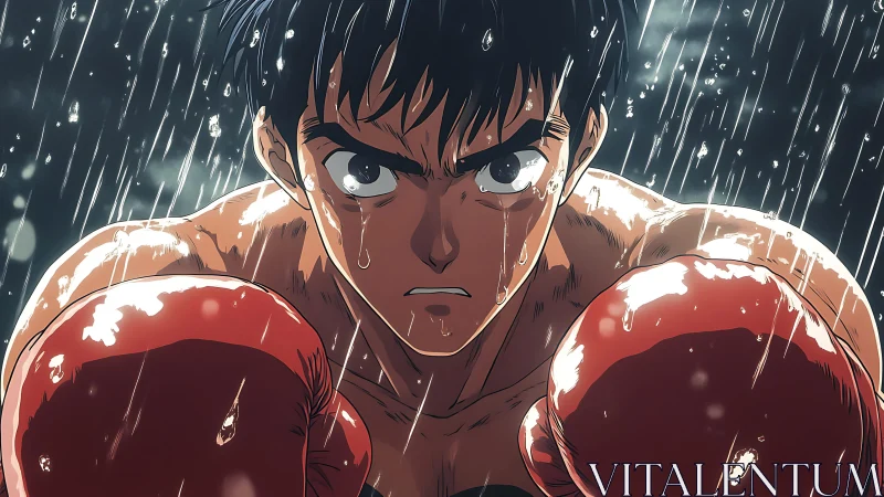 Anime boxer character in rain with determined expression