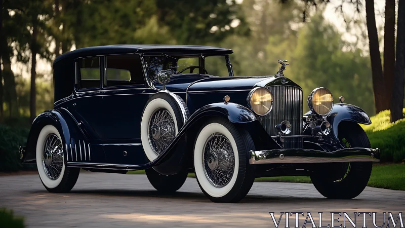 Vintage luxury coupe parked on paved driveway at dusk.