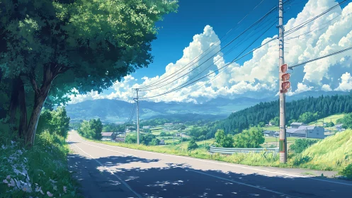 Lazy summer road over sleepy fields under cloud castles.