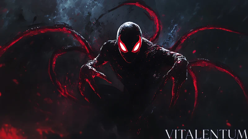 Dark armored figure with red tendrils in stormy void.