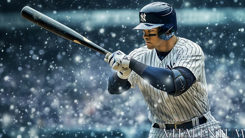 Focused baseball batter in snow at night stadium.