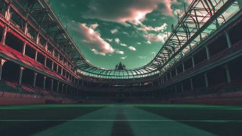 Dreamlit stadium corridor under surreal emerald skies.
