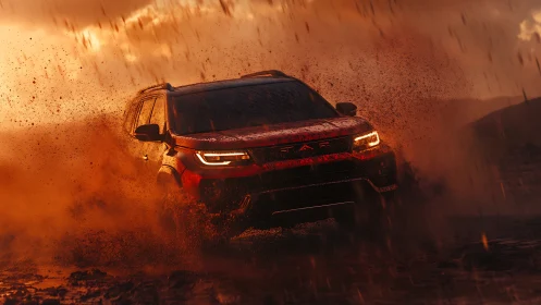 Off-road SUV powering through sunset mud spray dynamics.