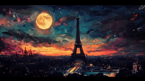 Moonlit Paris skyline glowing beneath a dreamy sunset.