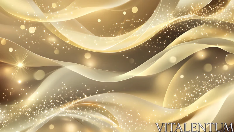 Golden abstract waves with glowing bokeh particles background.