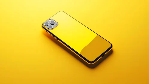 Yellow iPhone with quad camera module on yellow surface