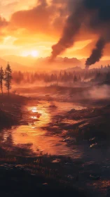 Burning river valley under incendiary orange war sky.