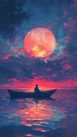 Solitary rower silhouetted against oversized lunar sunset sky