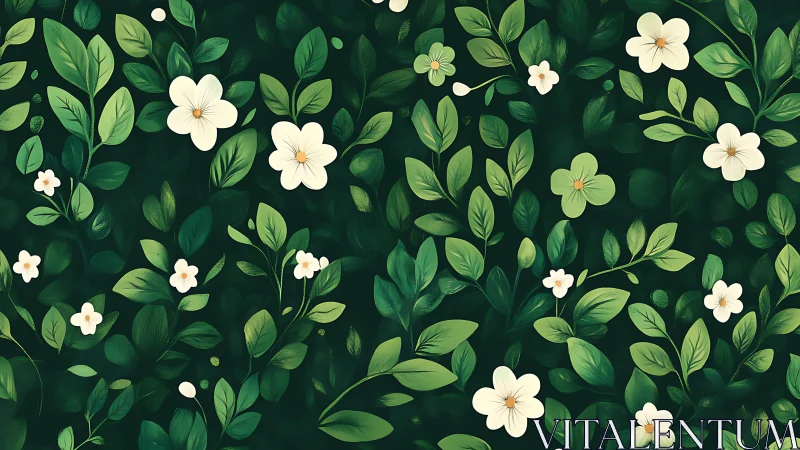 Soft white blossoms drift gently across lush green leaves