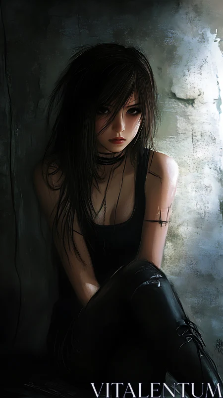 Melancholic goth girl rendered in moody digital chiaroscuro