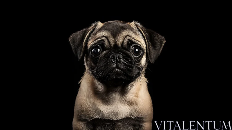 Pug puppy portrait glows gently against deep black background