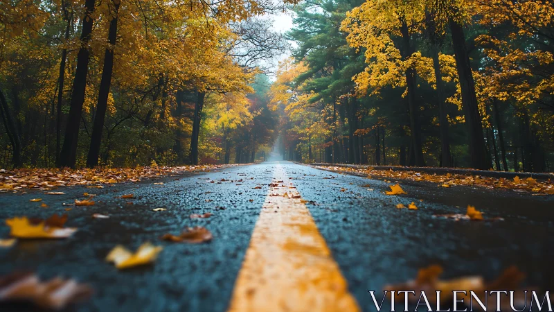 Autumn Boulevard Tree-Lined Road with Wet Asphalt Perspective.