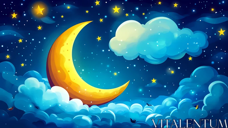 Crescent moon with clouds and stars in stylized night sky.