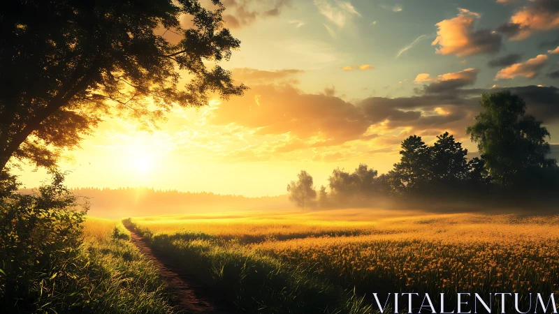 Sunlit country field with dirt path at low golden sunrise