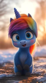 Blue baby unicorn with rainbow mane in winter light.