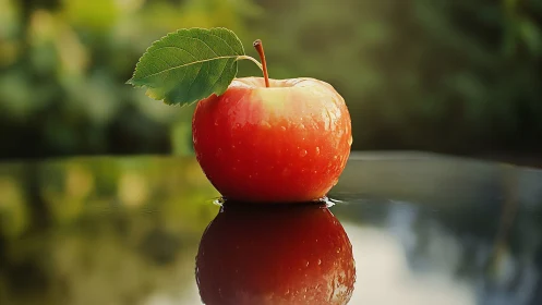Red apple with leaf on reflective wet surface outdoors.