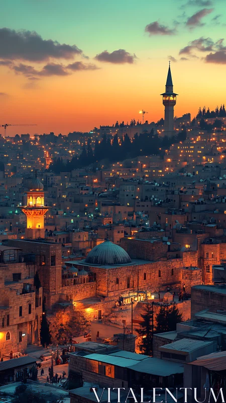 Twilight Middle Eastern cityscape with illuminated minarets and stone architecture