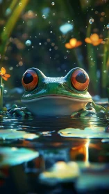 Wide-eyed pond philosopher watches raindrops crown dusk