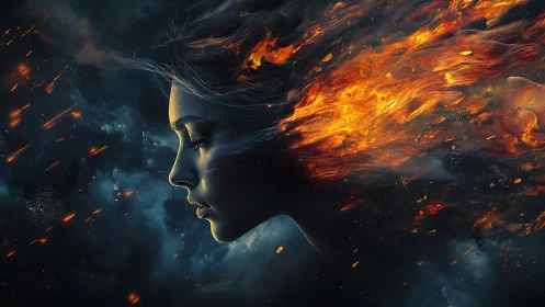 Ethereal Fire: Profile Portrait with Blazing Energy.