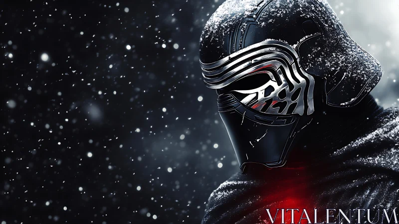 Snow-dusted dark warrior brooding in a frozen galaxy storm.