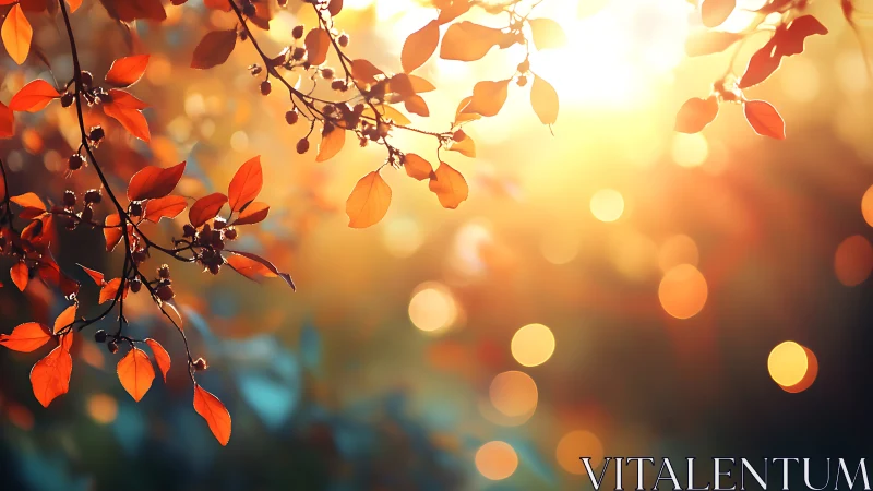 Backlit autumn leaves with soft bokeh in warm sunlight.