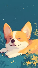 Sleeping corgi illustration under stylized night sky in meadow