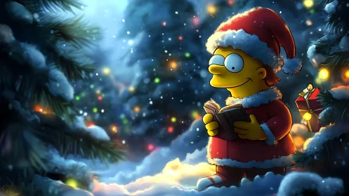 Cartoon child reading in luminous snowy conifer forest.