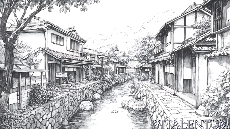 Ink line drawing of traditional riverside Japanese street perspective