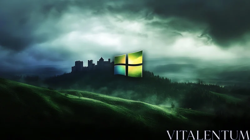 Neon window sigil hovers above mist-crowned digital highlands.