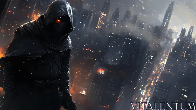 Midnight watcher with ember eyes over stormlit city streets.