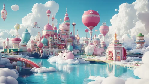 Floating pastel city with balloons rises over reflective water