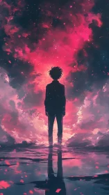 Stargazer silhouette under a storm of neon dusk clouds.