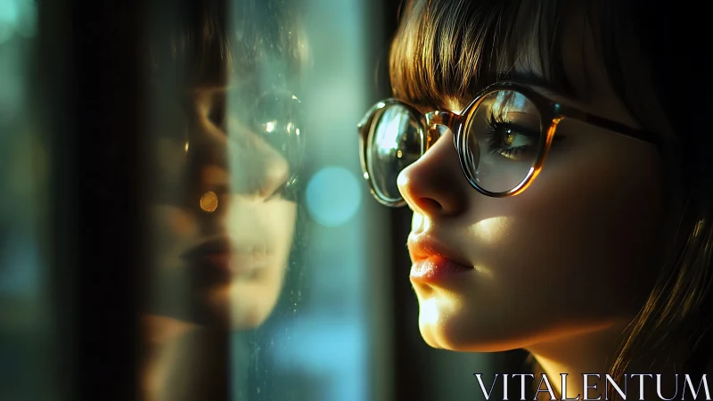 Cinematic close-up portrait in reflective glass, warm rim lighting