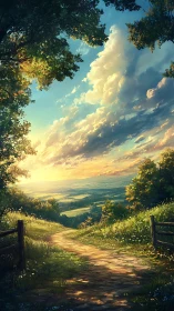 Digital painting landscape with sunlit valley perspective.