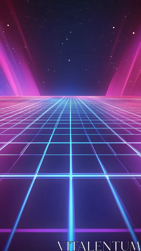 Retro neon grid horizon under starry synthwave sky.