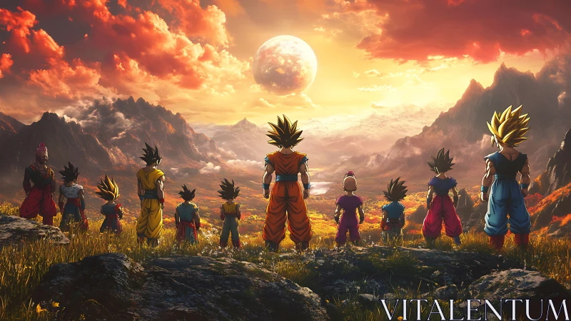 Saiyan warriors face blazing cosmic sunset over valley