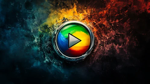 Circular multicolor play icon on textured dark background.
