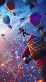 Battle royale characters descend over neon lit cityscape
