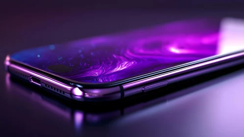 Sleek modern smartphone with vibrant purple glowing screen, futuristic style.