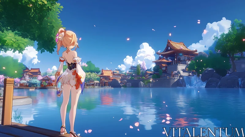 Sunlit anime traveler enjoys a peaceful lakeside temple view