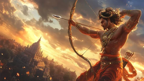 Warrior archer draws glowing arrow above temple city at dusk
