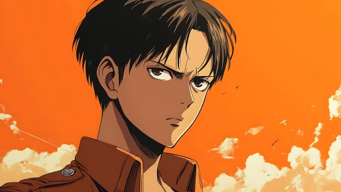 Male anime character is depicted against an orange sky